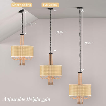5-Light Boho Rattan Pendant Light with Wood Bead Tassels