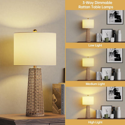 Boho Rattan Table Lamps with Linen Shades, Set of 2