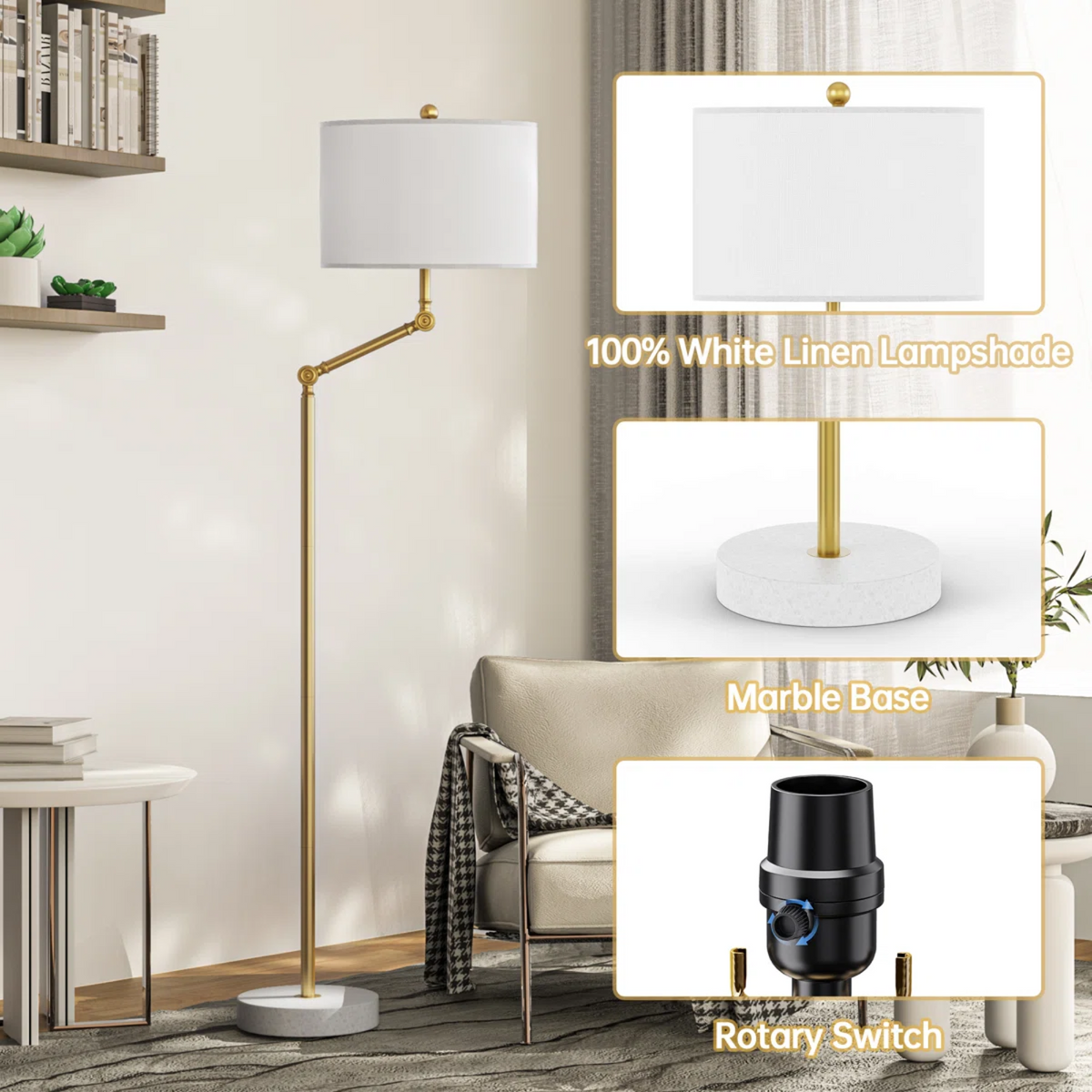 64" Dimmable Modern Floor Lamp With White Fabric Shade and Marble Base
