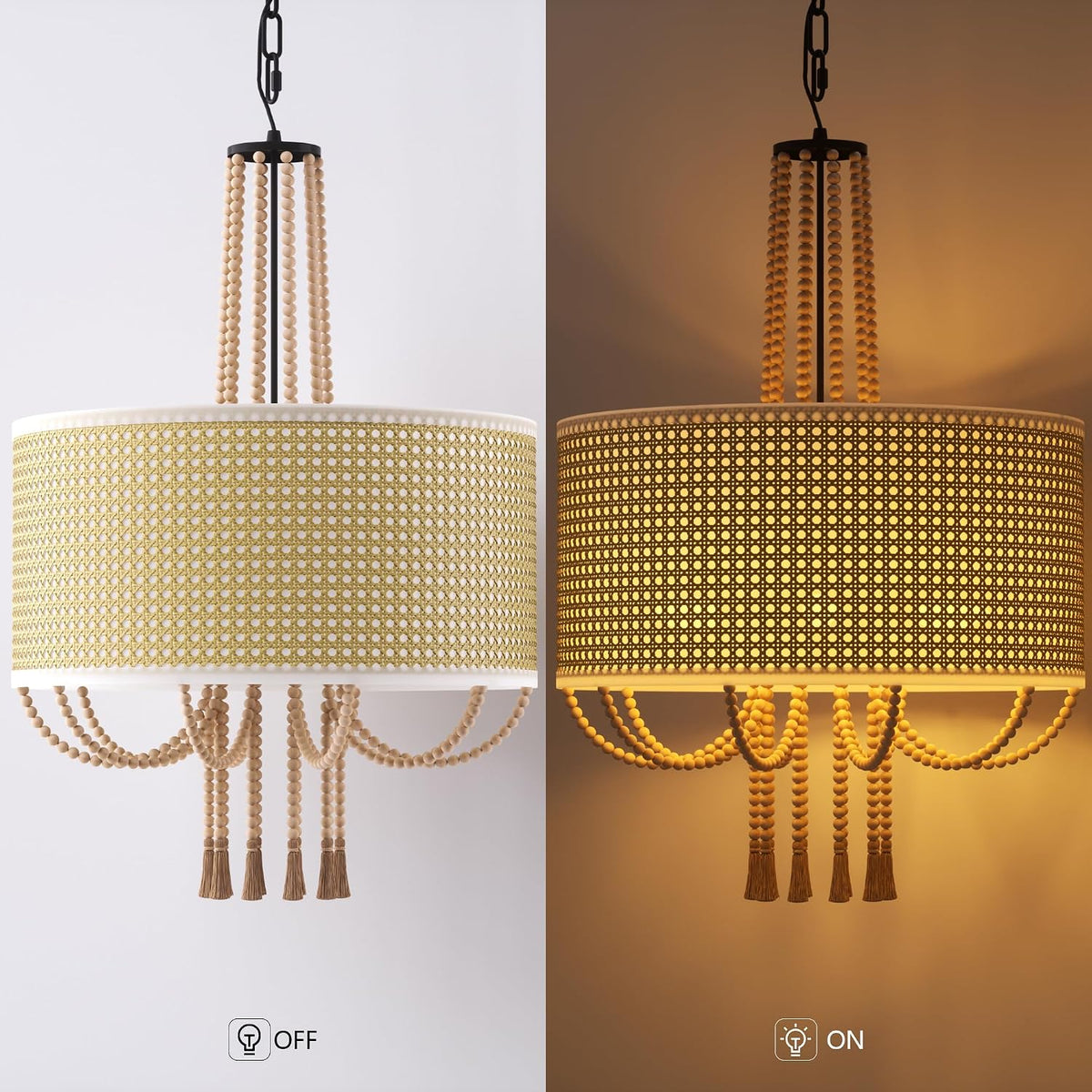 5-Light Boho Rattan Pendant Light with Wood Bead Tassels