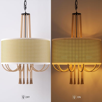 5-Light Boho Rattan Pendant Light with Wood Bead Tassels