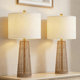 Boho Rattan Table Lamps with Linen Shades, Set of 2