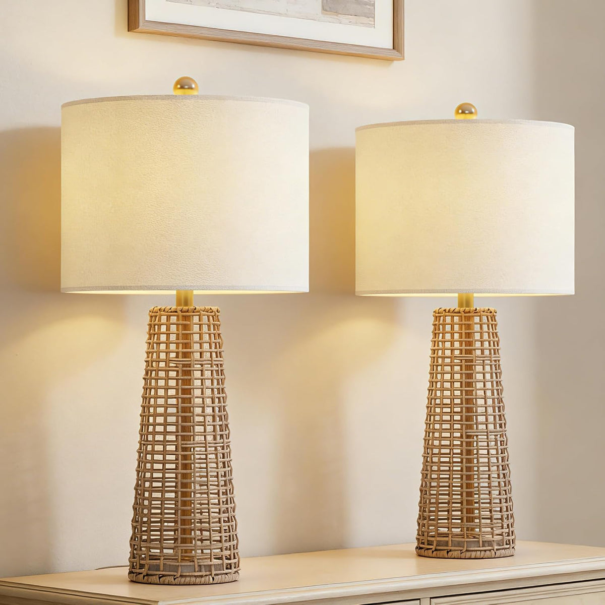 Boho Rattan Table Lamps with Linen Shades, Set of 2