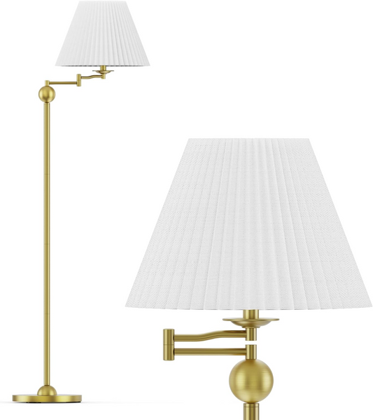 Gold Mid-Century Modern Floor Lamp with White Pleated Shade and Adjustable Swing Arm