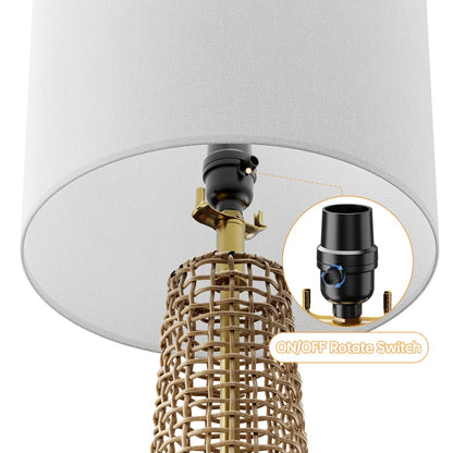 Boho Rattan Table Lamps with Linen Shades, Set of 2