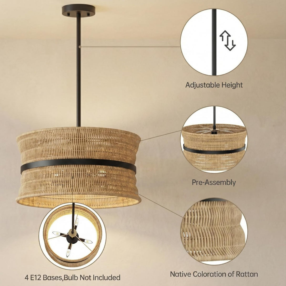 4-Light Coastal Rattan Pendant Light