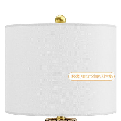 Boho Rattan Table Lamps with Linen Shades, Set of 2