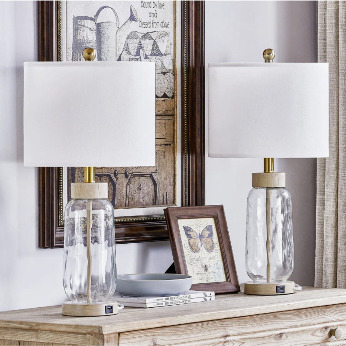 Bohemian Dimmable Table Lamp with White Linen Drum Shade, Set of 2