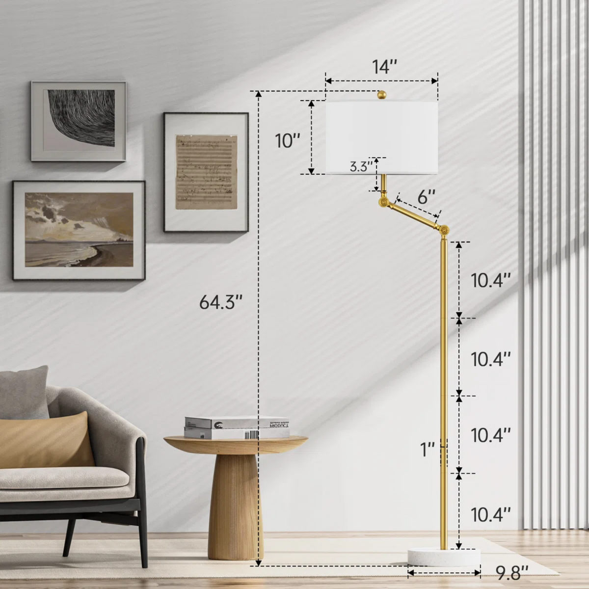 64" Dimmable Modern Floor Lamp With White Fabric Shade and Marble Base