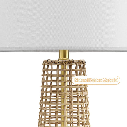 Boho Rattan Table Lamps with Linen Shades, Set of 2