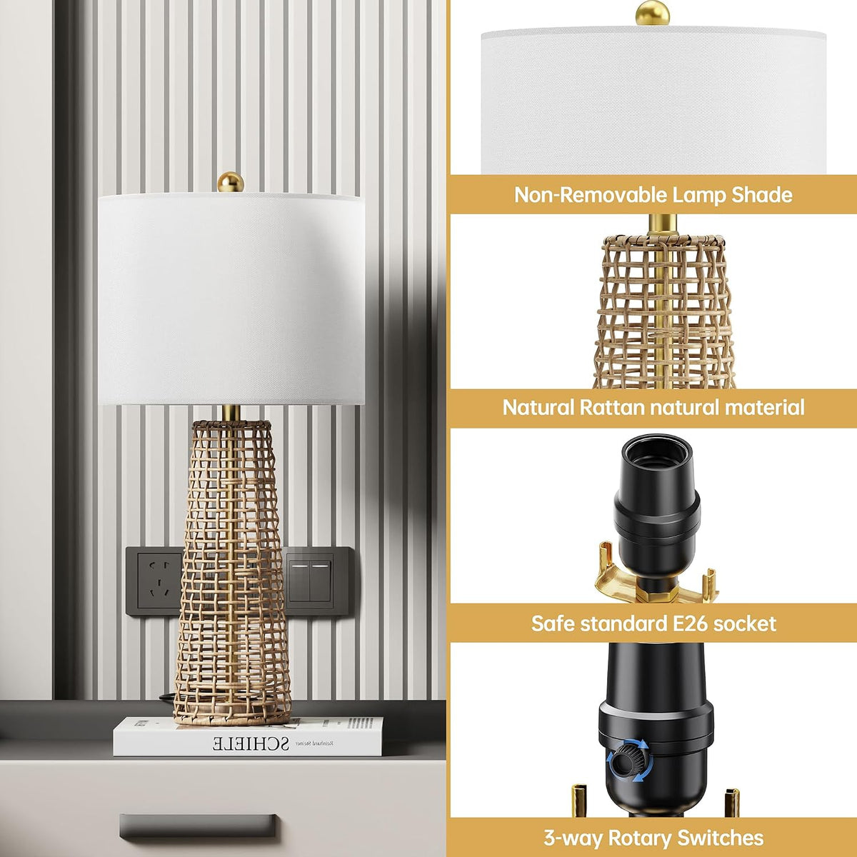 Boho Rattan Table Lamps with Linen Shades, Set of 2