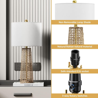 Boho Rattan Table Lamps with Linen Shades, Set of 2