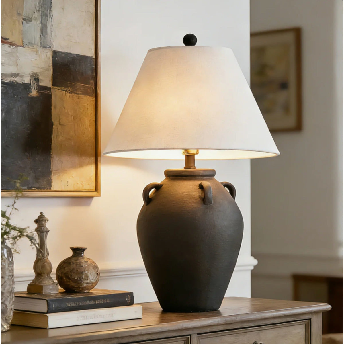Rustic Dimmable Ceramic Table Lamp with White Shade