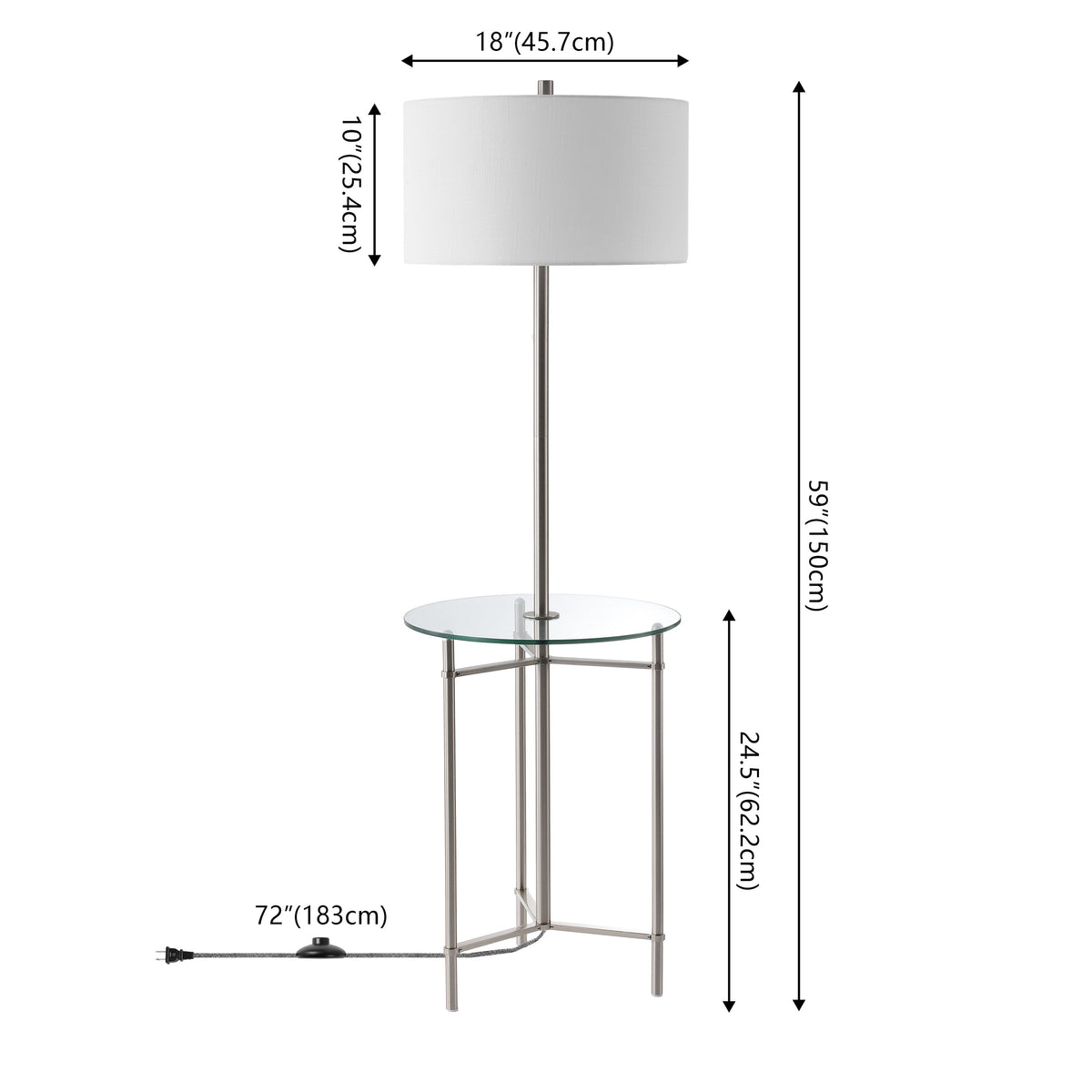 Chuck 59" Modern Minimalist Metal and Tempered Glass LED 2-in-1 Space-Saving Tray Table and Floor Lamp, Brushed Nickel