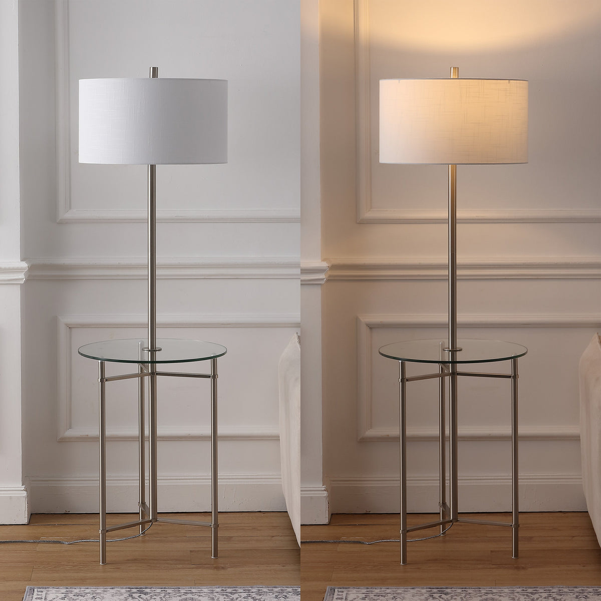 Chuck 59" Modern Minimalist Metal and Tempered Glass LED 2-in-1 Space-Saving Tray Table and Floor Lamp, Brushed Nickel