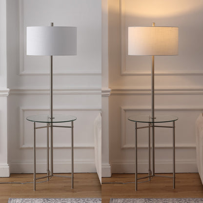 Chuck 59" Modern Minimalist Metal and Tempered Glass LED 2-in-1 Space-Saving Tray Table and Floor Lamp, Brushed Nickel