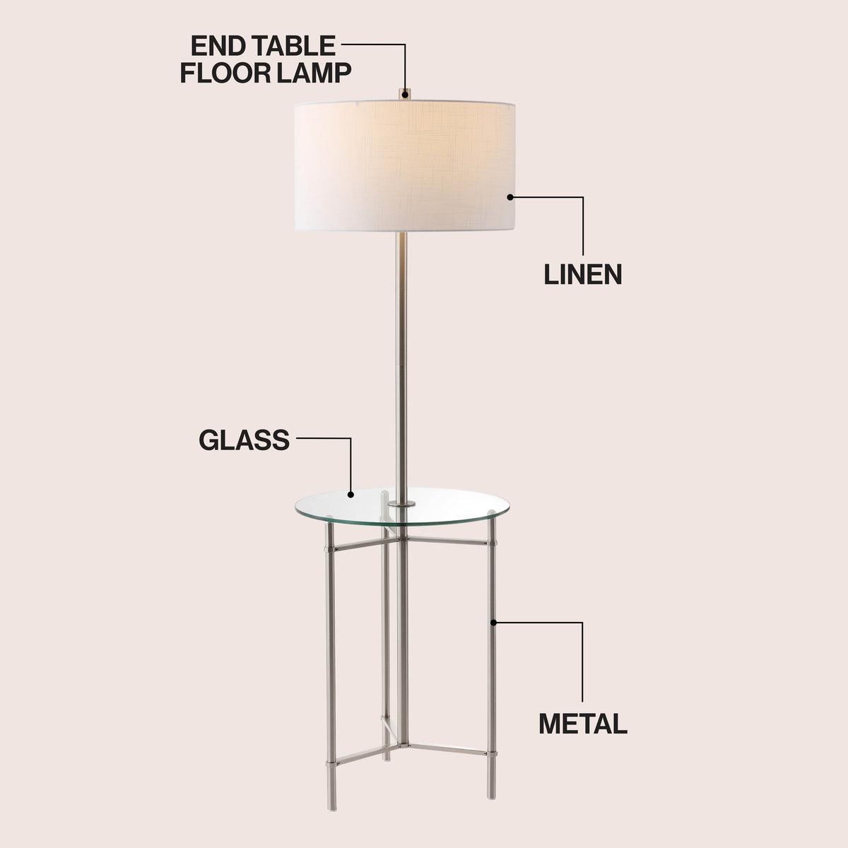 Chuck 59" Modern Minimalist Metal and Tempered Glass LED 2-in-1 Space-Saving Tray Table and Floor Lamp, Brushed Nickel