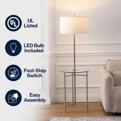 Chuck 59" Modern Minimalist Metal and Tempered Glass LED 2-in-1 Space-Saving Tray Table and Floor Lamp, Brushed Nickel