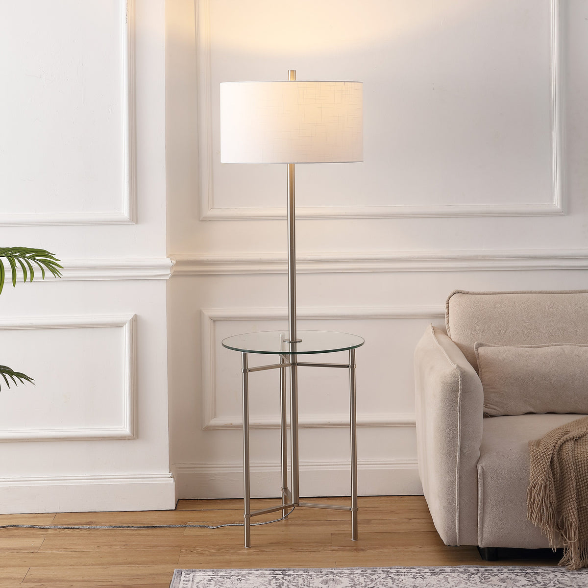 Chuck 59" Modern Minimalist Metal and Tempered Glass LED 2-in-1 Space-Saving Tray Table and Floor Lamp, Brushed Nickel