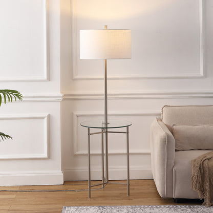 Chuck 59" Modern Minimalist Metal and Tempered Glass LED 2-in-1 Space-Saving Tray Table and Floor Lamp, Brushed Nickel