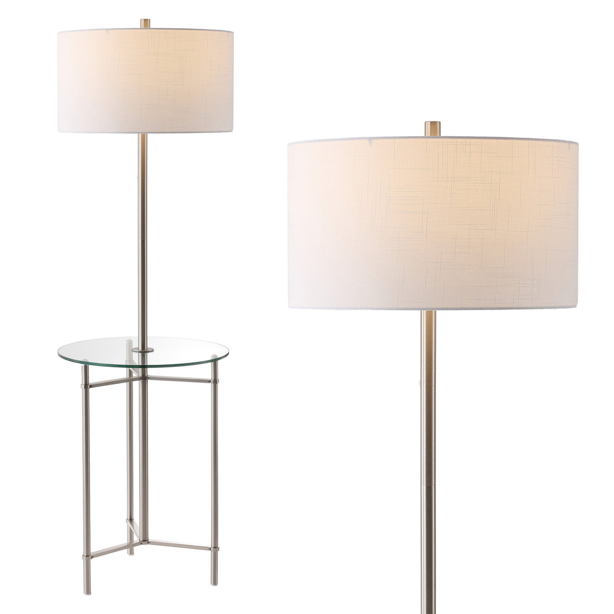 Chuck 59" Modern Minimalist Metal and Tempered Glass LED 2-in-1 Space-Saving Tray Table and Floor Lamp, Brushed Nickel
