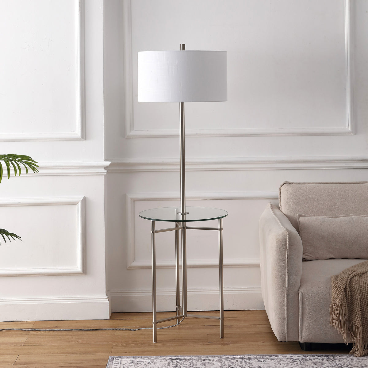 Chuck 59" Modern Minimalist Metal and Tempered Glass LED 2-in-1 Space-Saving Tray Table and Floor Lamp, Brushed Nickel
