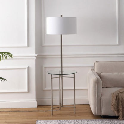 Chuck 59" Modern Minimalist Metal and Tempered Glass LED 2-in-1 Space-Saving Tray Table and Floor Lamp, Brushed Nickel