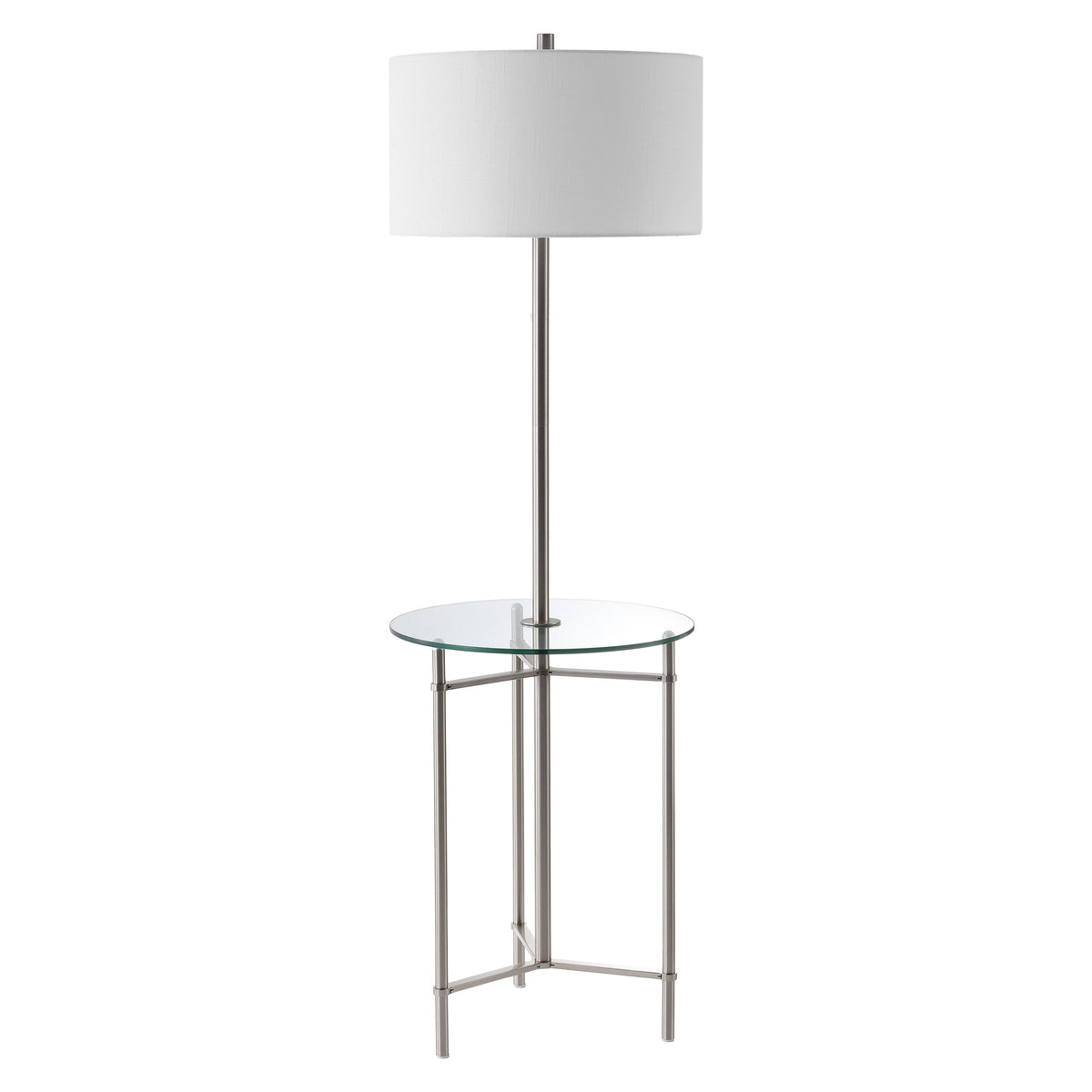 Chuck 59" Modern Minimalist Metal and Tempered Glass LED 2-in-1 Space-Saving Tray Table and Floor Lamp, Brushed Nickel