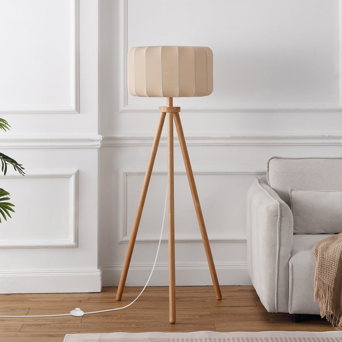 Adriel 52" Mid-Century Modern Tripod Wood with Ribbed Cocoon Pumpkin Shade LED Floor Lamp