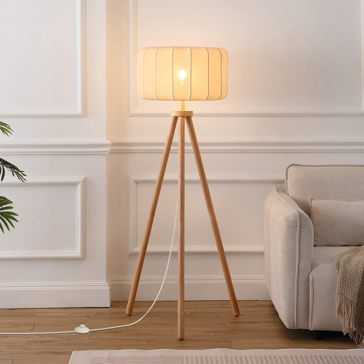 Adriel 52" Mid-Century Modern Tripod Wood with Ribbed Cocoon Pumpkin Shade LED Floor Lamp