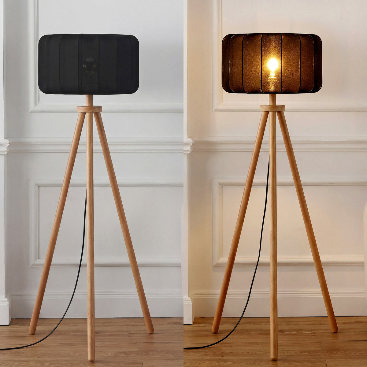 Adriel 52" Mid-Century Modern Tripod Wood with Ribbed Cocoon Pumpkin Shade LED Floor Lamp