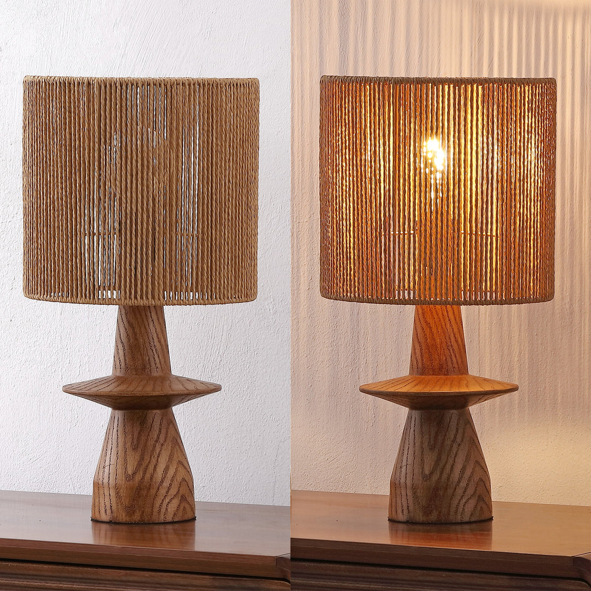 Rickie 19" Bohemian Coastal Sculptural Resin with Hand-Woven Paper Rope Drum Shade LED Table Lamp, Set of 2