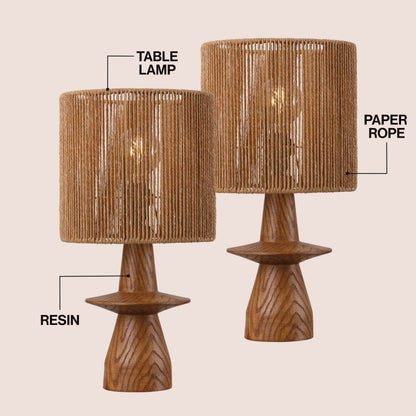 Rickie 19" Bohemian Coastal Sculptural Resin with Hand-Woven Paper Rope Drum Shade LED Table Lamp, Set of 2
