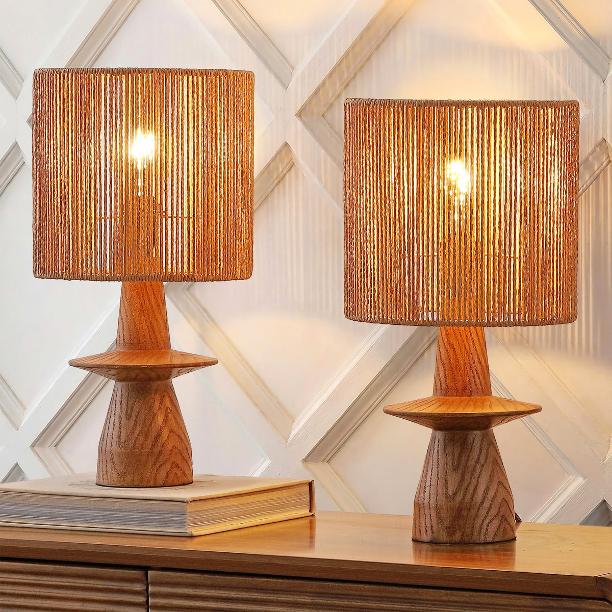 Rickie 19" Bohemian Coastal Sculptural Resin with Hand-Woven Paper Rope Drum Shade LED Table Lamp, Set of 2