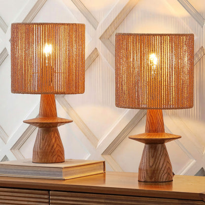 Rickie 19" Bohemian Coastal Sculptural Resin with Hand-Woven Paper Rope Drum Shade LED Table Lamp, Set of 2