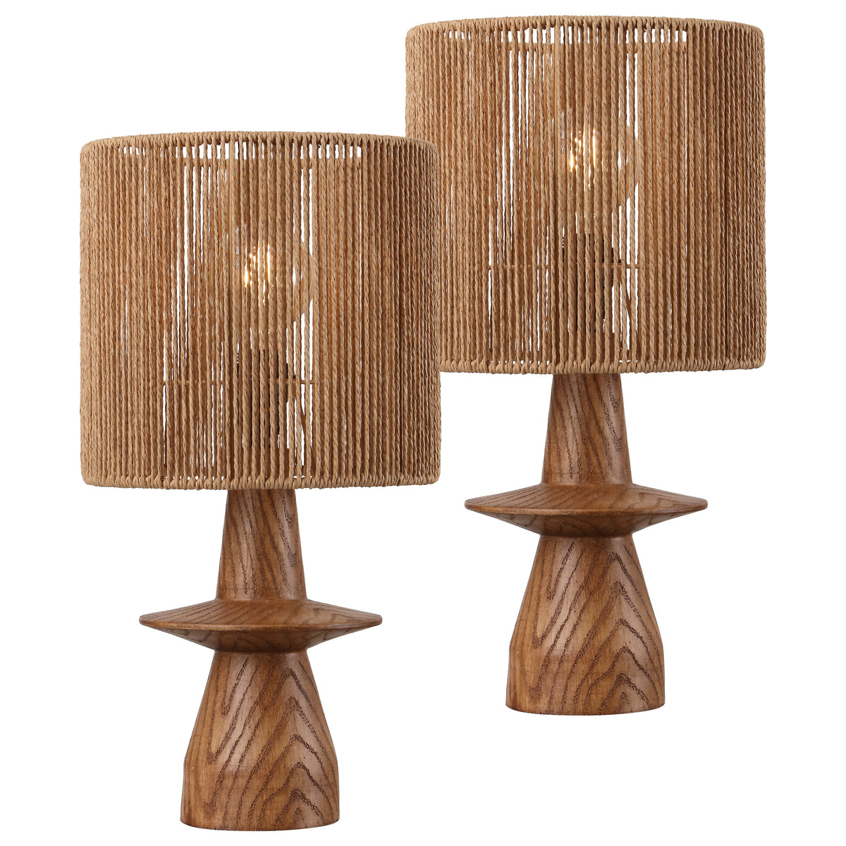 Rickie 19" Bohemian Coastal Sculptural Resin with Hand-Woven Paper Rope Drum Shade LED Table Lamp, Set of 2