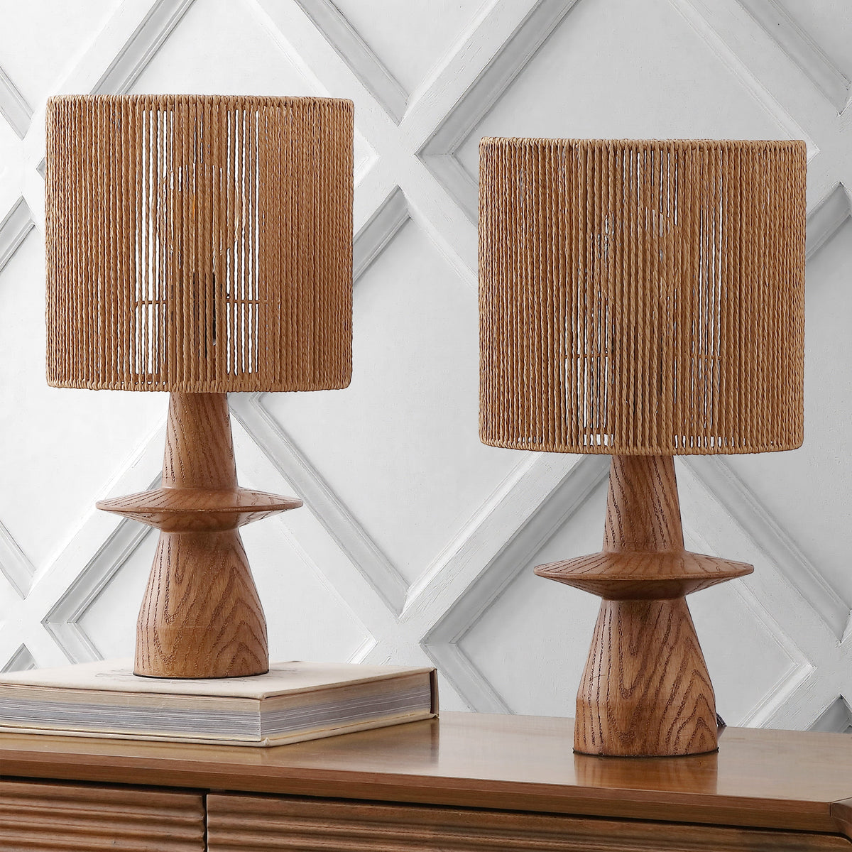 Rickie 19" Bohemian Coastal Sculptural Resin with Hand-Woven Paper Rope Drum Shade LED Table Lamp, Set of 2