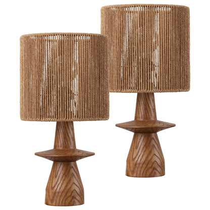 Rickie 19" Bohemian Coastal Sculptural Resin with Hand-Woven Paper Rope Drum Shade LED Table Lamp, Set of 2