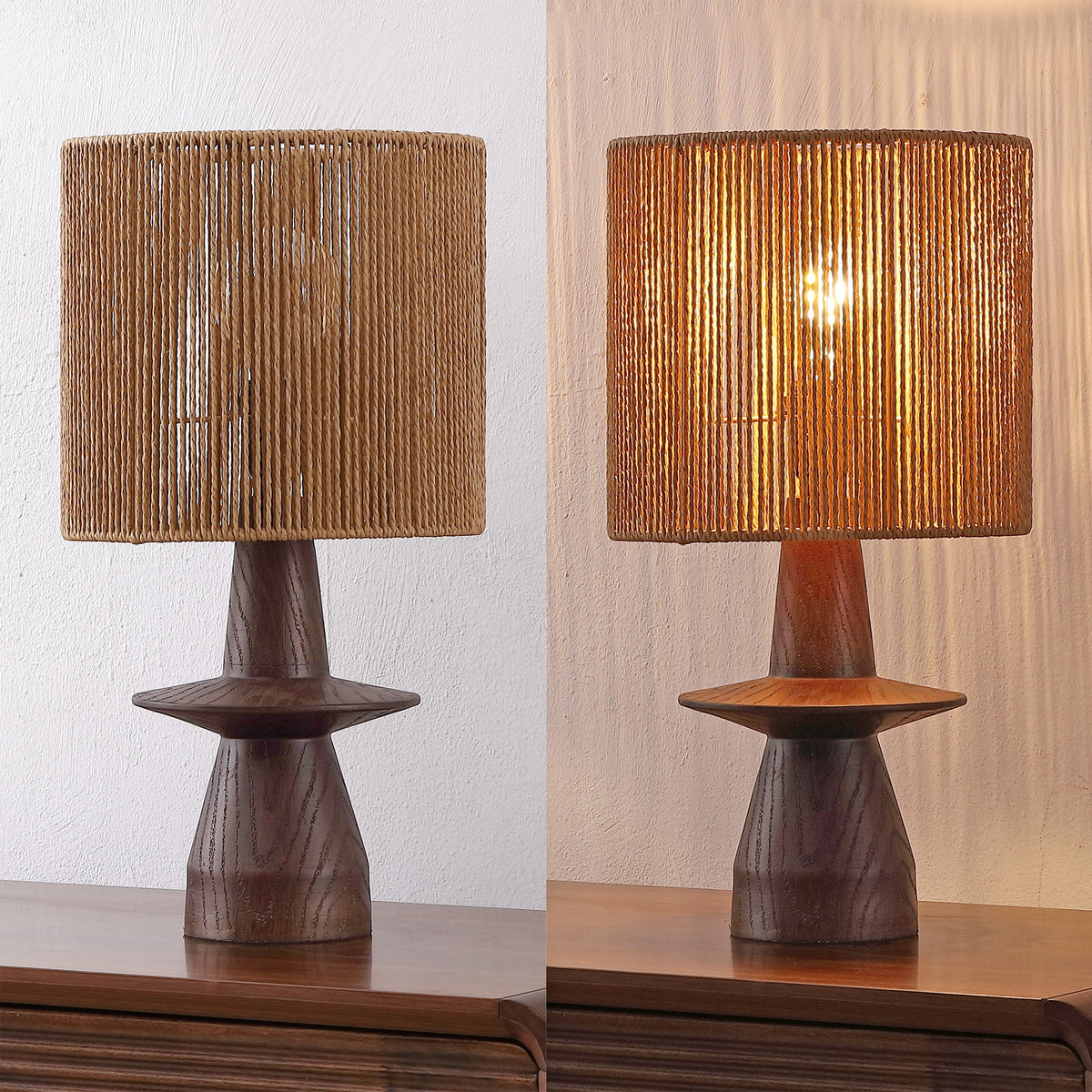 Rickie 19" Bohemian Coastal Sculptural Resin with Hand-Woven Paper Rope Drum Shade LED Table Lamp, Set of 2