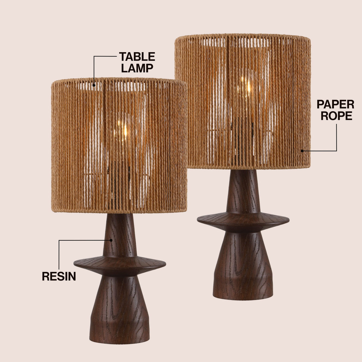 Rickie 19" Bohemian Coastal Sculptural Resin with Hand-Woven Paper Rope Drum Shade LED Table Lamp, Set of 2