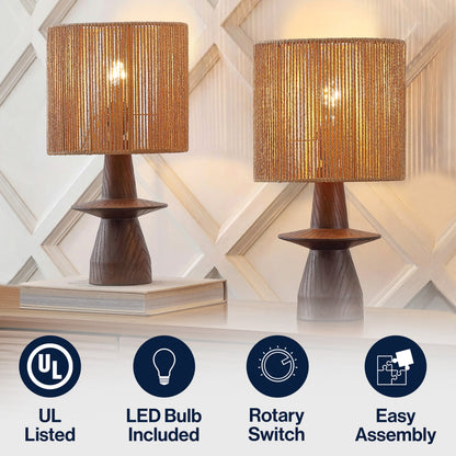 Rickie 19" Bohemian Coastal Sculptural Resin with Hand-Woven Paper Rope Drum Shade LED Table Lamp, Set of 2