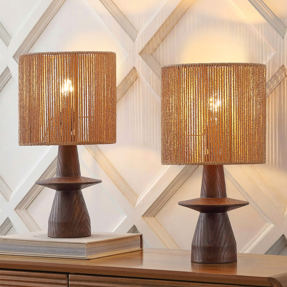 Rickie 19" Bohemian Coastal Sculptural Resin with Hand-Woven Paper Rope Drum Shade LED Table Lamp, Set of 2