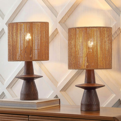 Rickie 19" Bohemian Coastal Sculptural Resin with Hand-Woven Paper Rope Drum Shade LED Table Lamp, Set of 2