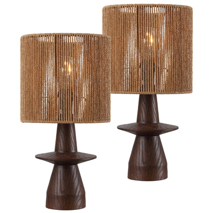 Rickie 19" Bohemian Coastal Sculptural Resin with Hand-Woven Paper Rope Drum Shade LED Table Lamp, Set of 2