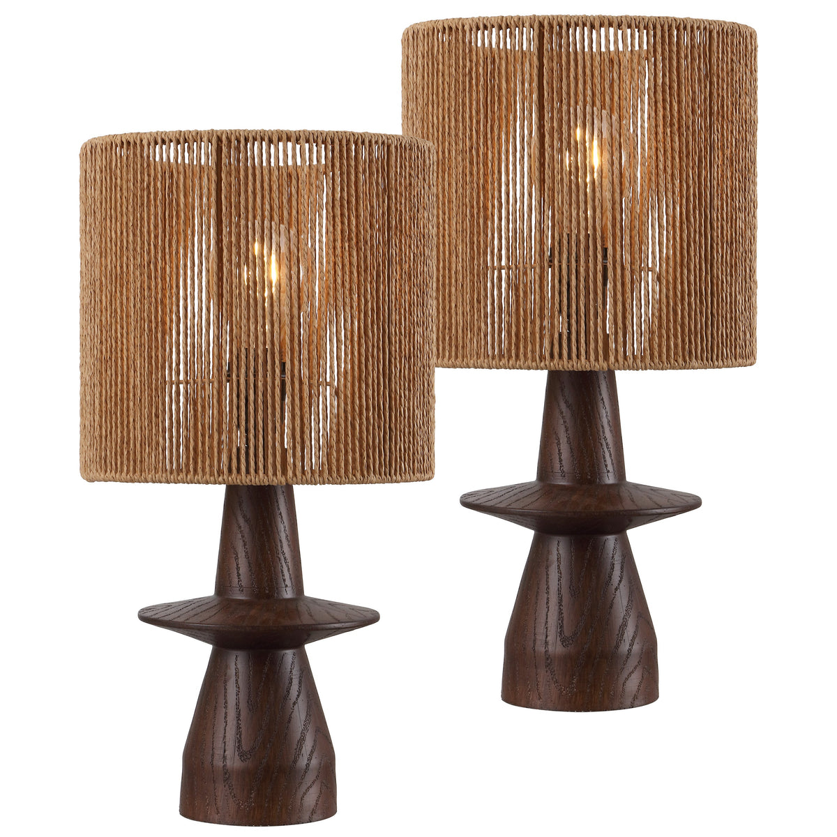 Rickie 19" Bohemian Coastal Sculptural Resin with Hand-Woven Paper Rope Drum Shade LED Table Lamp, Set of 2