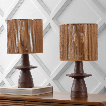 Rickie 19" Bohemian Coastal Sculptural Resin with Hand-Woven Paper Rope Drum Shade LED Table Lamp, Set of 2
