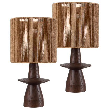Rickie 19" Bohemian Coastal Sculptural Resin with Hand-Woven Paper Rope Drum Shade LED Table Lamp, Set of 2