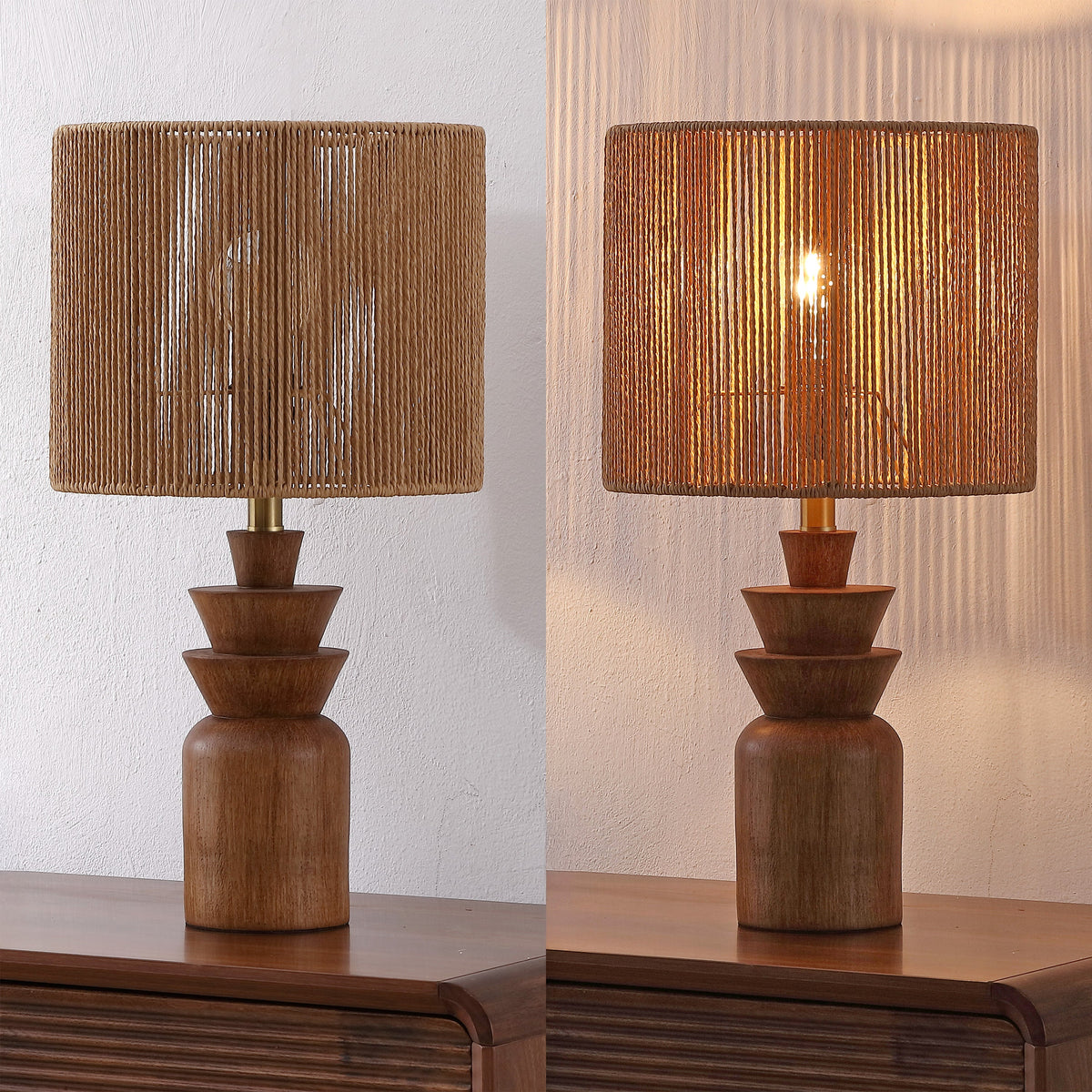 Anderson 22" Bohemian Coastal Tiered Totem Resin with Hand-Woven Paper Rope Drum Shade LED Table Lamp, Set of 2