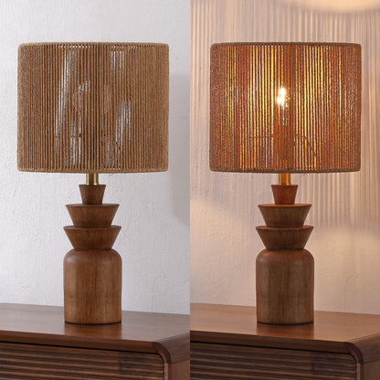 Anderson 22" Bohemian Coastal Tiered Totem Resin with Hand-Woven Paper Rope Drum Shade LED Table Lamp, Set of 2