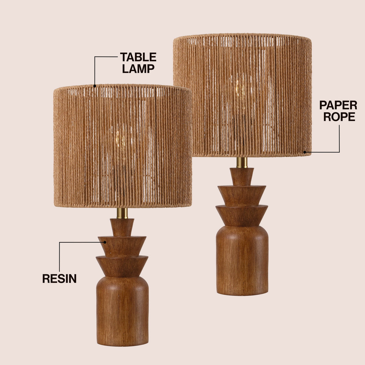 Anderson 22" Bohemian Coastal Tiered Totem Resin with Hand-Woven Paper Rope Drum Shade LED Table Lamp, Set of 2